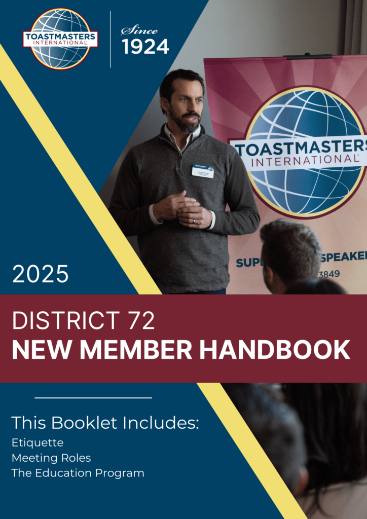 Front Page of New Member Handbook, featuring a man speaking in front of a group.